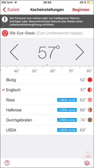 Meater-App: Kocheinstellung